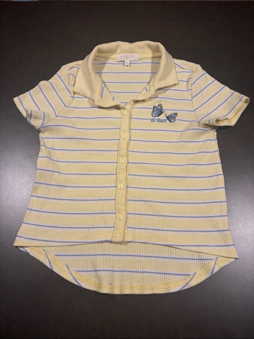 Ultra Flirt Yellow and Blue Striped Polo with Embroidered Butterflies